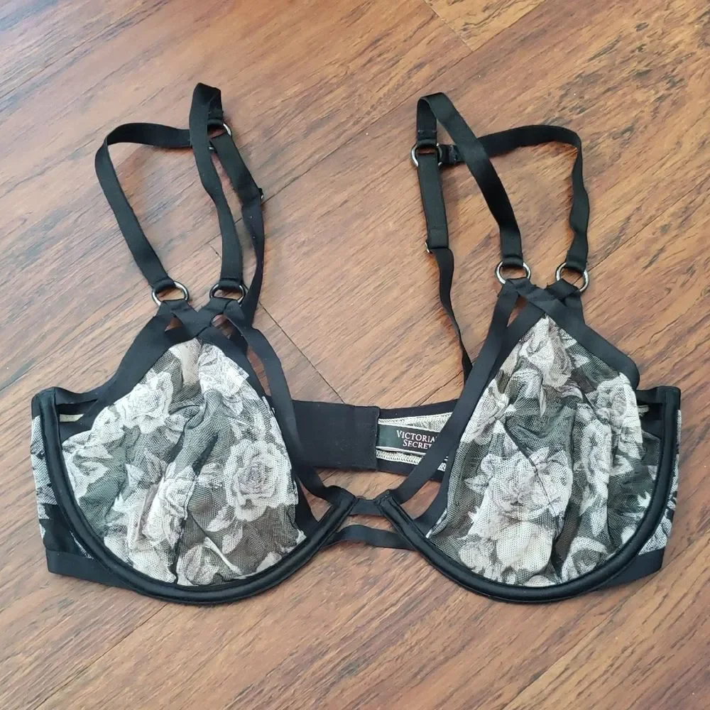 Victorias Secret Floral Mesh Bra Size 38D Chic Feminine Dainty Fairy Whimsigoth - Picture 1 of 3